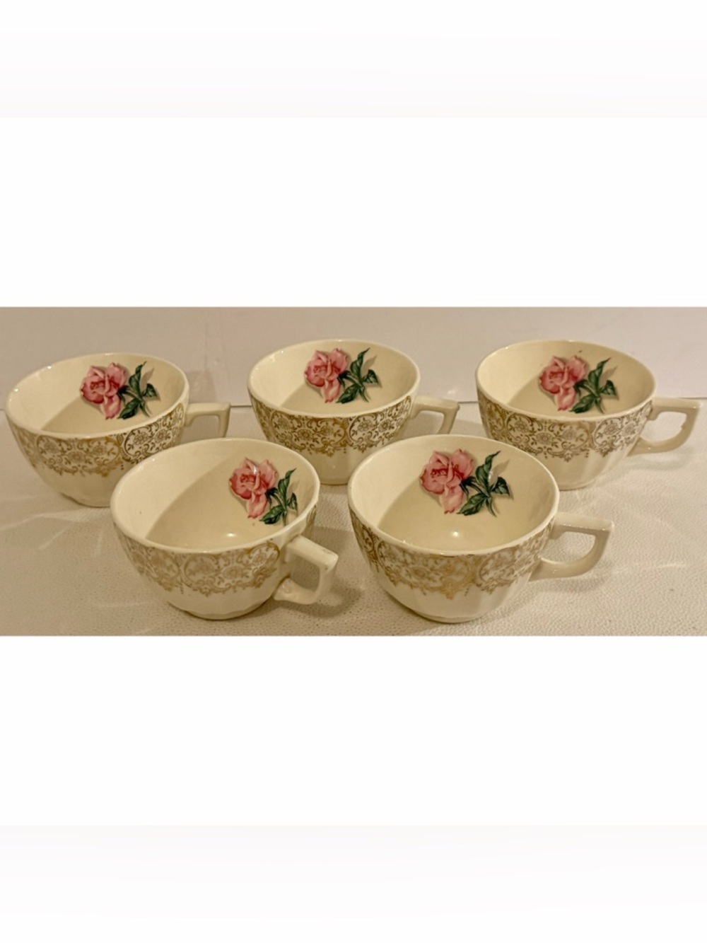 Vintage American Limoges Le Fleur Rouge Elegant Cups Set 5 Pink Rose 22K Gold